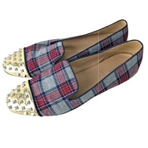J. Crew Plaid Gold Studded Toe Flats Women’s Size 8.5 Red, Navy Grey